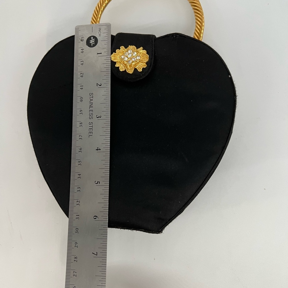 Vintage Sasha Black Satin Heart-Shaped Evening Bag w Gold Handle Rhinestone - Picture 4 of 6